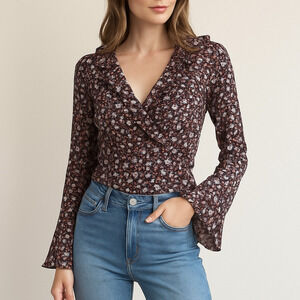 Glamorous Wrap Blouse Small Y2K Floral Romantic Long Sleeve Top